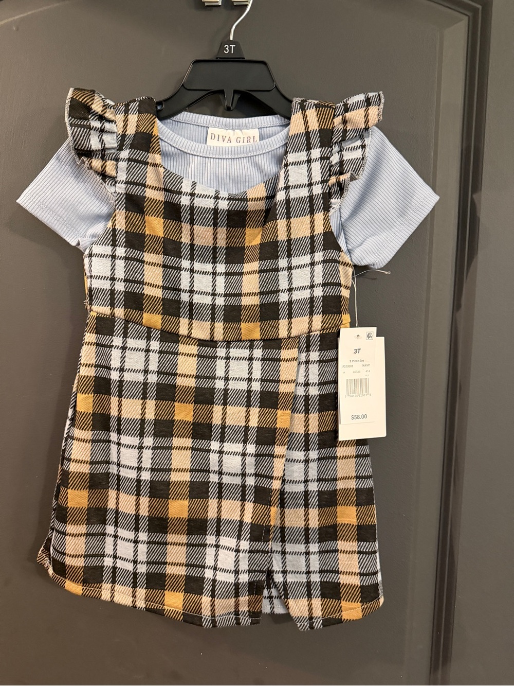 Crayola Yellow, Black & White Plaid Dress with Light Blue Tee